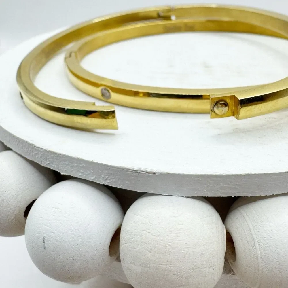 2 Gold Tone Bangle Bracelets With Rhinestone Details Stainless Steel Hinged